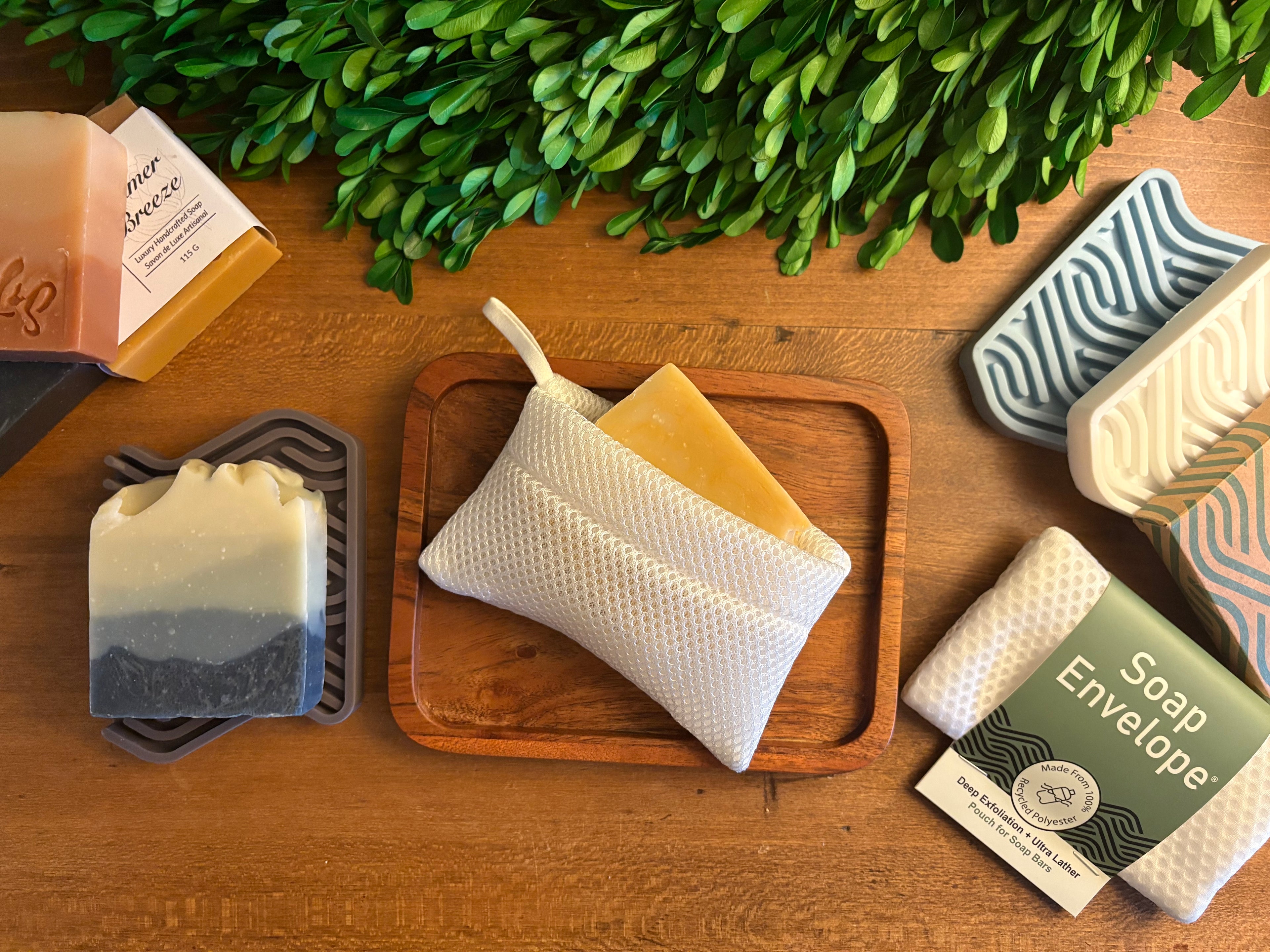 Soap Envelope bar soap saver pouch with white exfoliating fabric. Lather boosting soap bag for bars of soap. Recycled mesh soap saver pouch.